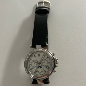 Vintage 90s Big Face Watch Silver Bezel Black Leather Band Roman Numerals